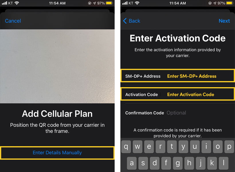 How can I install an eSIM plan manually?